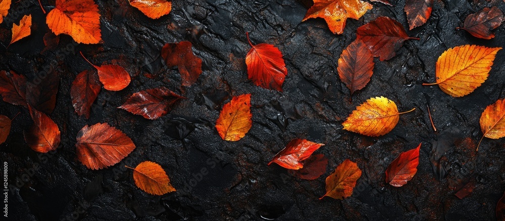 Poster autumn leaves scattered on dark background reflecting tree branches and raindrops creating a serene 