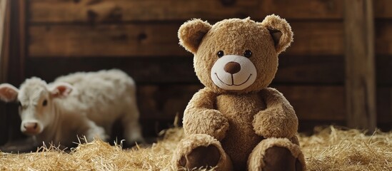 Teddy bear seated in a stable with a cow in the background and space for text ideal for children's themes or animal-related content.