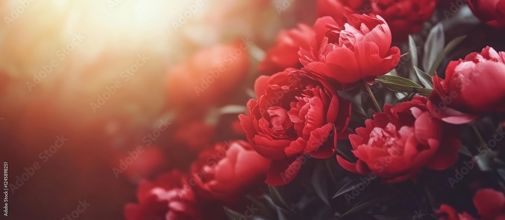 Poster lush red peonies adorned with soft focus as a floral background creating an elegant template for tex