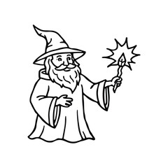 Enchanted Wizard with Magic Wand, Black and White Illustration