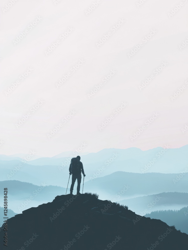 Poster Silhouette of a hiker on a mountain ridge with a backpack enjoying open space for exploration. Generative AI