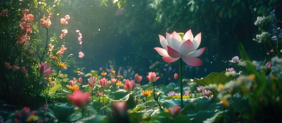 Tranquil lotus blooms surrounded by vibrant garden flowers in a serene natural setting, capturing the essence of peaceful beauty.