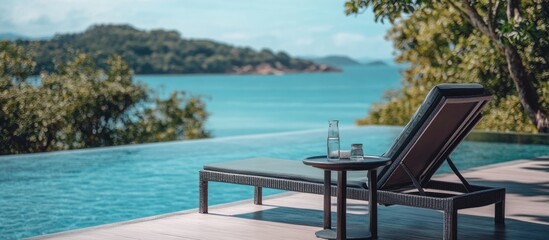Reclining lounge chair and side table by infinity pool at luxury beach resort with serene ocean view on a summer day with empty text space