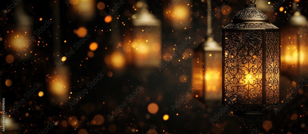 Poster bokeh effect with glowing gold lanterns creating a festive atmosphere against a dark background for 
