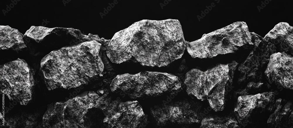 Aufkleber monochrome image of an ancient boulder wall showcasing texture and contrast against a black backgrou