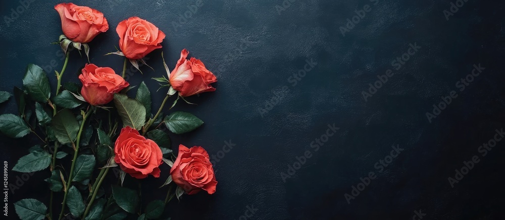 Poster elegant coral red roses with lush green leaves on a dark background creating a striking visual with 
