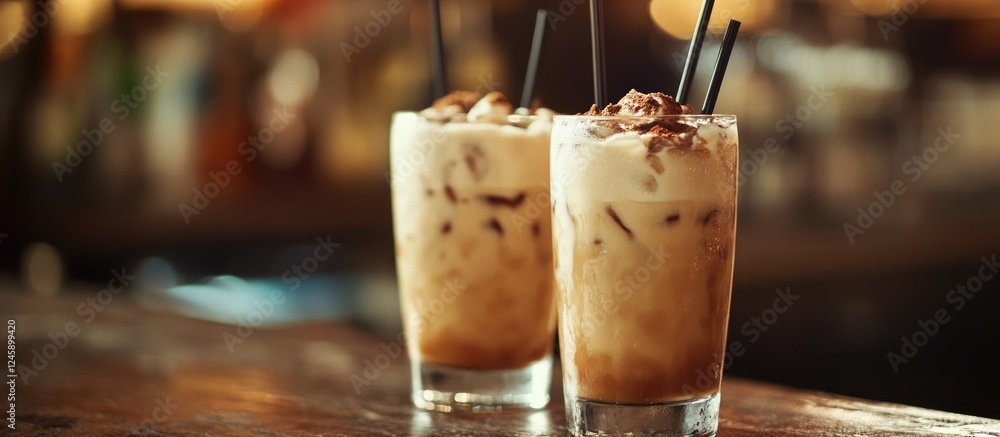 Poster beverage photography setup featuring iced coffee drinks with empty space for promotional text and br