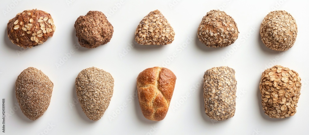 Poster assorted baked cereal breads arranged in a row on a white background showcasing various textures and