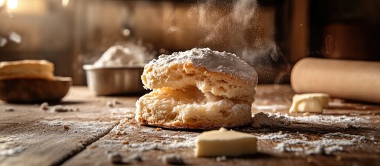 Fluffy freshly baked biscuit with a buttery texture on a rustic wooden table with flour scattered around and warm kitchen ambiance.