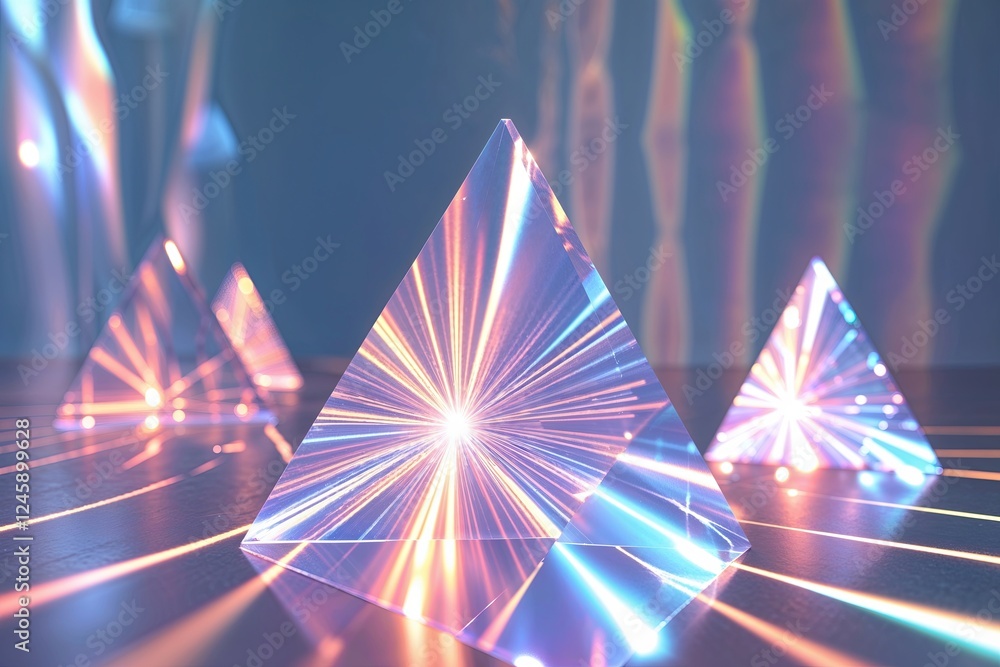 Poster triangular holographic prisms creating unique light patterns on translucent backgrounds