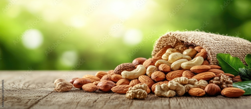 Poster nuts displayed in a burlap sack on a wooden table with a natural blurred background showcasing their