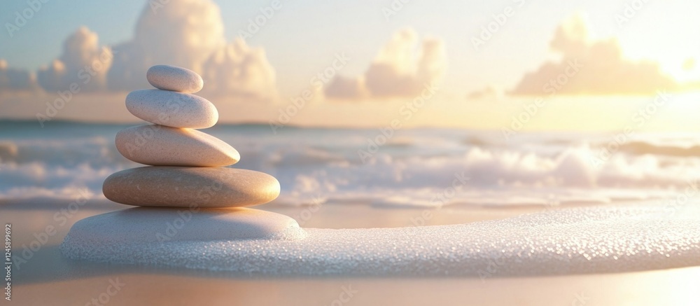 Poster serene stack of balanced stones on a tranquil beach with gentle waves and soft clouds, symbolizing h