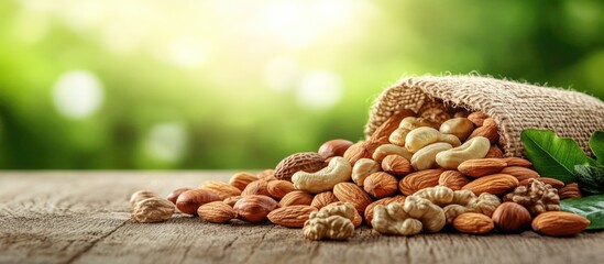 Obraz premium Nuts displayed in a burlap sack on a wooden table with a natural blurred background showcasing their nutritional importance and versatility.