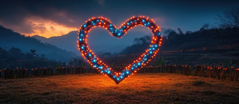 Colorful heart made of light bulbs illuminated at dusk in Dieng Wonosobo Central Java Indonesia showcasing romance and creativity in nature.