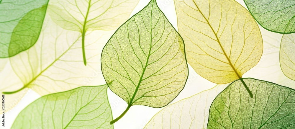 Poster translucent leaves arranged in a delicate pattern showcasing intricate vein details and varying shad