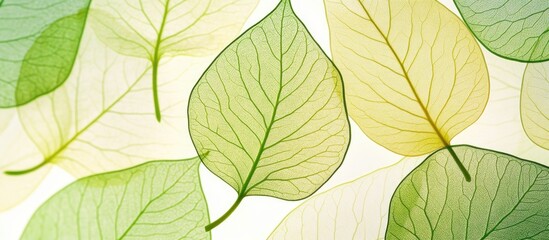 Translucent leaves arranged in a delicate pattern showcasing intricate vein details and varying shades of green and yellow on a light background.