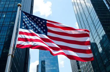 US flag in downtown against the backdrop of buildings in America.