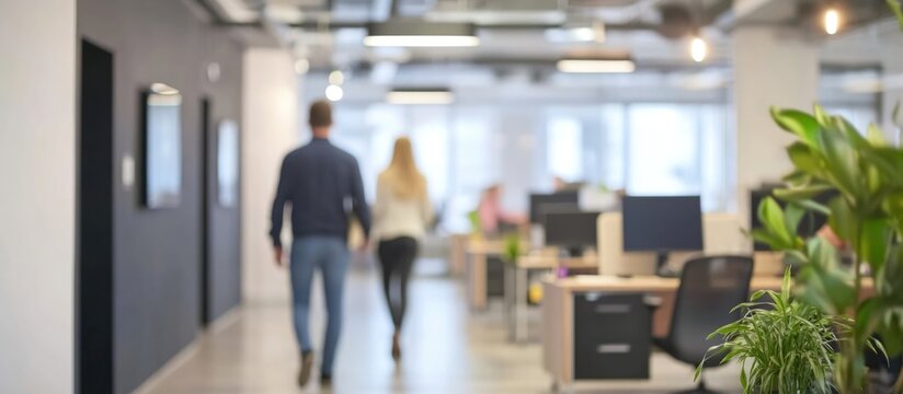 Blurred image of professionals walking through a modern office environment with defocused background and ample space for text insertion