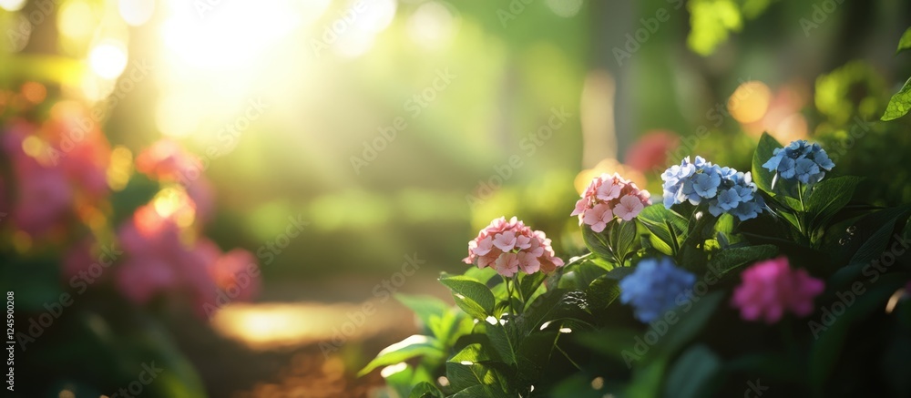 Poster serene garden scene with flowers and soft bokeh lighting creating a relaxing atmosphere in nature's 
