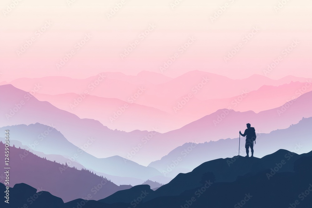 Poster Hiker with backpack overlooking vast mountain range during sunset with serene atmosphere. Generative AI