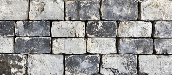Fototapeta premium Black and white brick wall texture showcasing an old pattern with uneven stones ideal for backgrounds in design and interior projects.