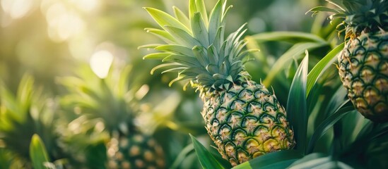 Tropical pineapple fruit among lush green leaves illuminated by soft sunlight in a vibrant agricultural landscape