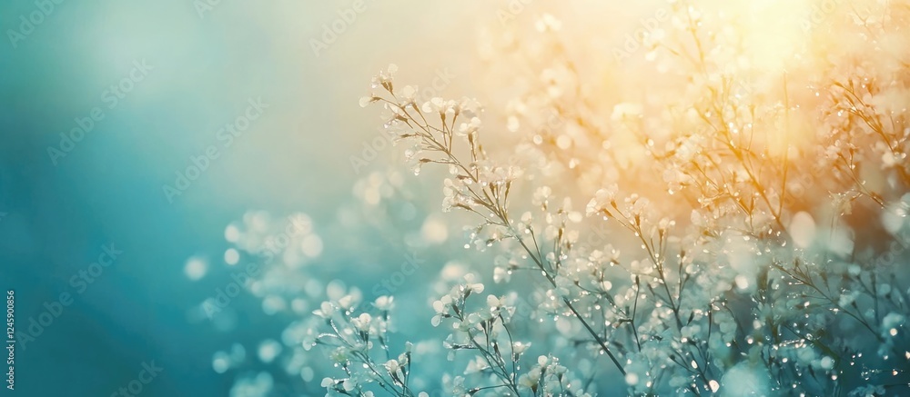 Poster morning dew on light green grass with a sunlit background creating a serene atmosphere and space for