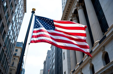 US flag in downtown against the backdrop of buildings in America.