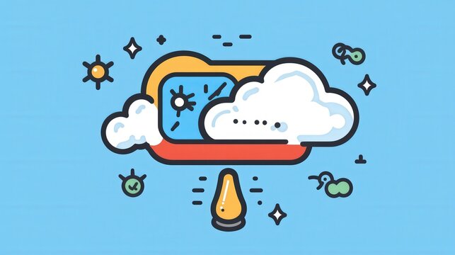 Cloud Computing Illustration: A bright and playful illustration representing cloud computing with a stylized cloud,  glowing server, and various data symbols. Ideal for promoting online services.