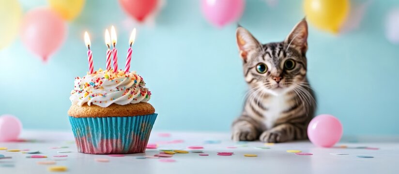 Birthday celebration with cupcake and candles alongside a cute cat against colorful balloons and decorations for pet-themed events