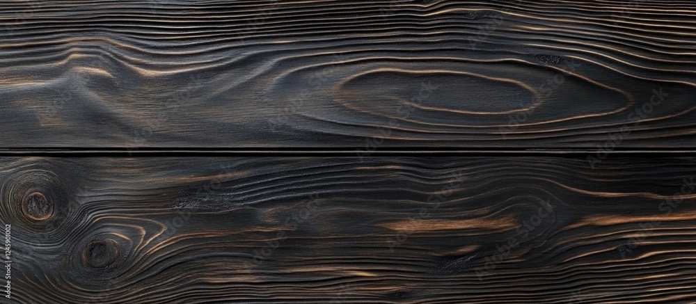 Poster charred black wooden surface with intricate grain patterns suitable for rustic design and background