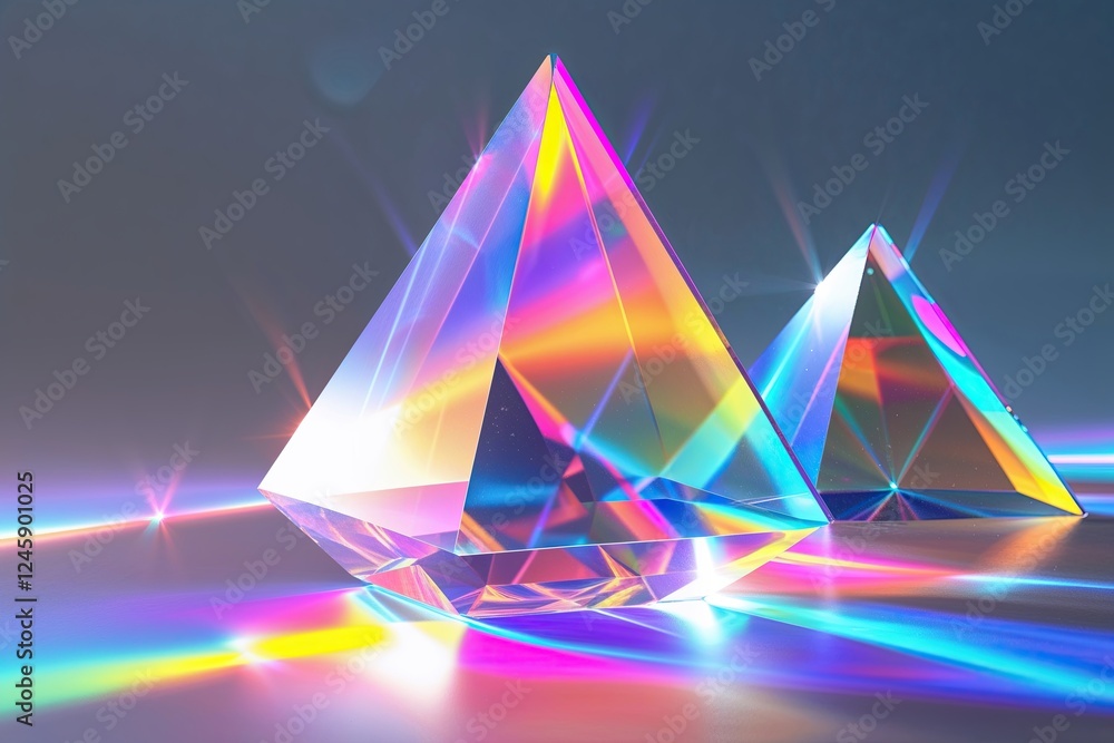 Poster dynamic holographic triangular prisms illustrating spectral light on a clear background