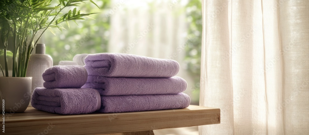 Poster purple towels neatly arranged on a wooden surface beside a window with soft light and a touch of gre