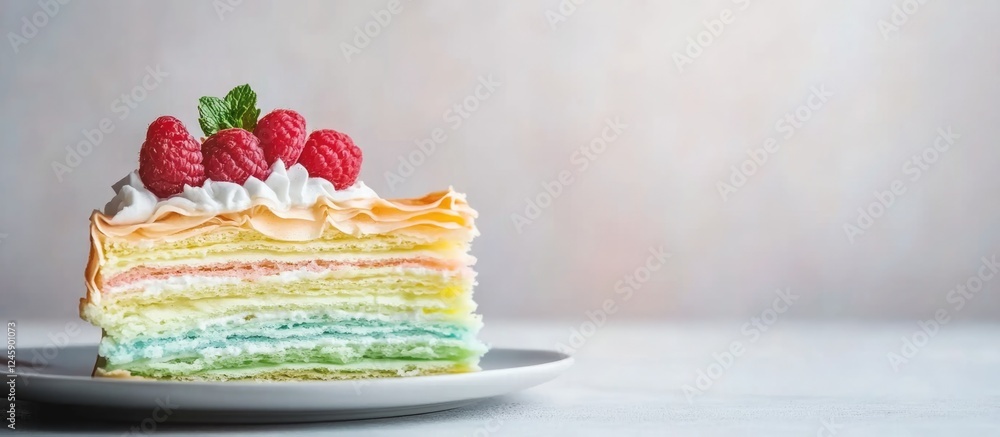 Poster gradient colored crepe cake adorned with raspberries and cream on a plate with ample copy space for 