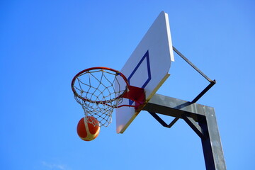 バスケットゴールとシュートしたボール