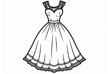 Fototapeta premium Adult Coloring Page: Simple Clip Art of an All-White Wedding Dress on a White Background, Featuring Bottom Borders and Delicate Neck Decorations in High-Definition Black and White.