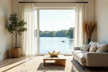 Serene Lakeside Living Room with Natural Decor and Panoramic View
