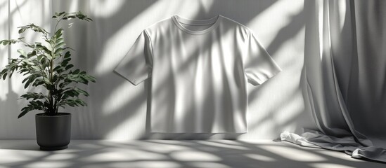 Men's Blank Fabric T-Shirt Mockup on White Background with Copyspace for Custom Text and Shadow Play from Natural Light