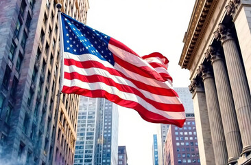 US flag in downtown against the backdrop of buildings in America.