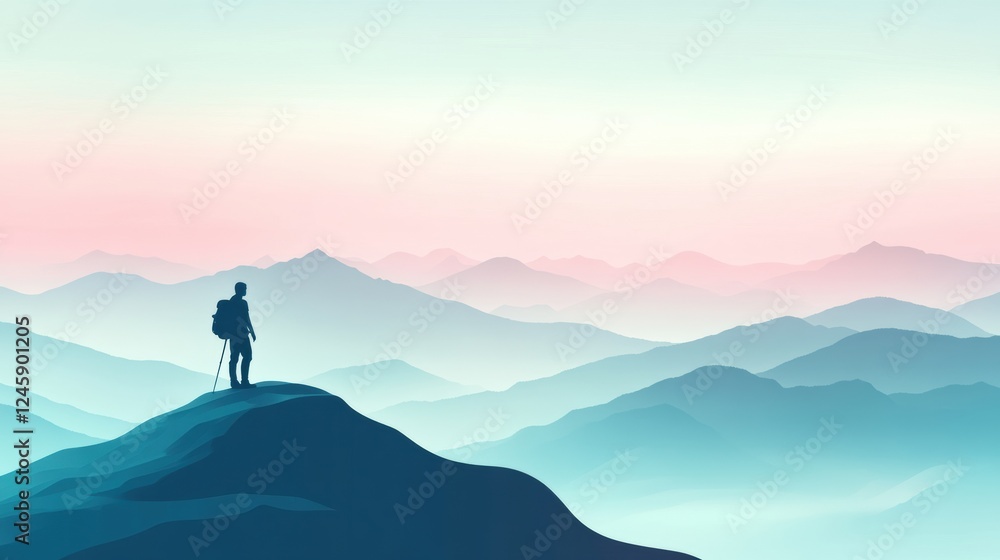 Poster hiker stands on mountain ridge at dawn overlooking valley with colorful sky. generative ai
