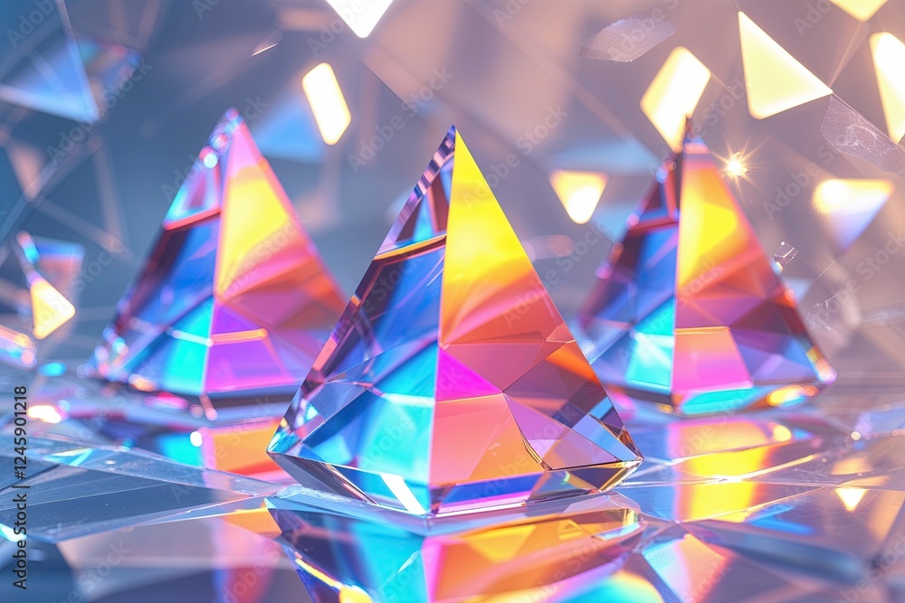 Poster triangular holographic prisms creating spectral light effects on clear background