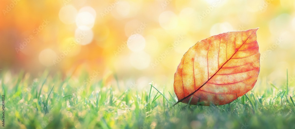 Poster autumn leaf resting on vibrant green grass with a soft bokeh background creating a serene seasonal a