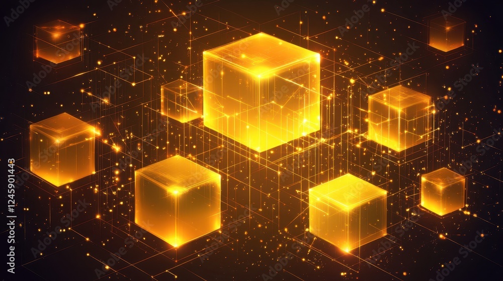 Poster an abstract composition of interconnected orange cubes, glowing softly in a futuristic grid.