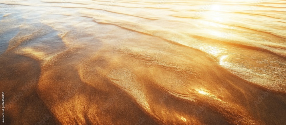 Poster golden sunlit waves gently rolling on a serene wet beach at sunrise with soft sand ripples and clear