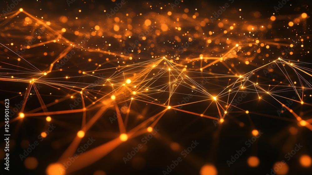 Poster an abstract composition of interconnected orange cubes, glowing softly in a futuristic grid.
