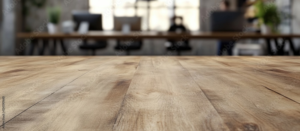 Poster business meeting in office setting with blurred figures and empty workspace for text on wooden table