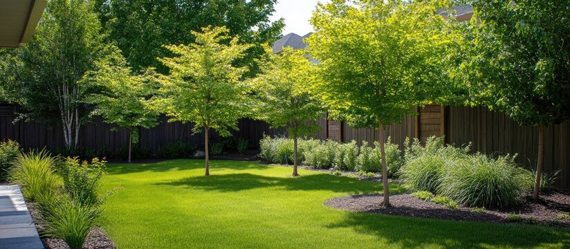 Lush backyard garden featuring vibrant homegrown trees with fresh leaves illuminated by sunlight and a softly blurred background
