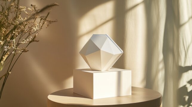 A unique octahedral prism showcased on a pedestal, offering a modern and sophisticated visual presentation for packaging products with clean, geometric lines.