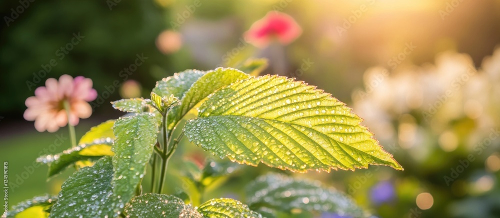 Poster close-up of a glistening leaf with dew droplets in a vibrant garden setting with colorful flowers an