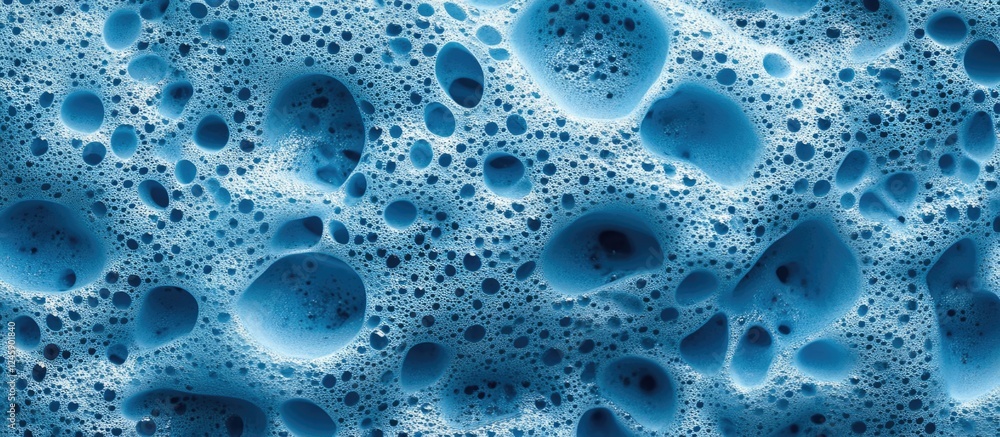 Poster close-up of blue foamed rubber texture featuring air bubbles and intricate patterns for background o